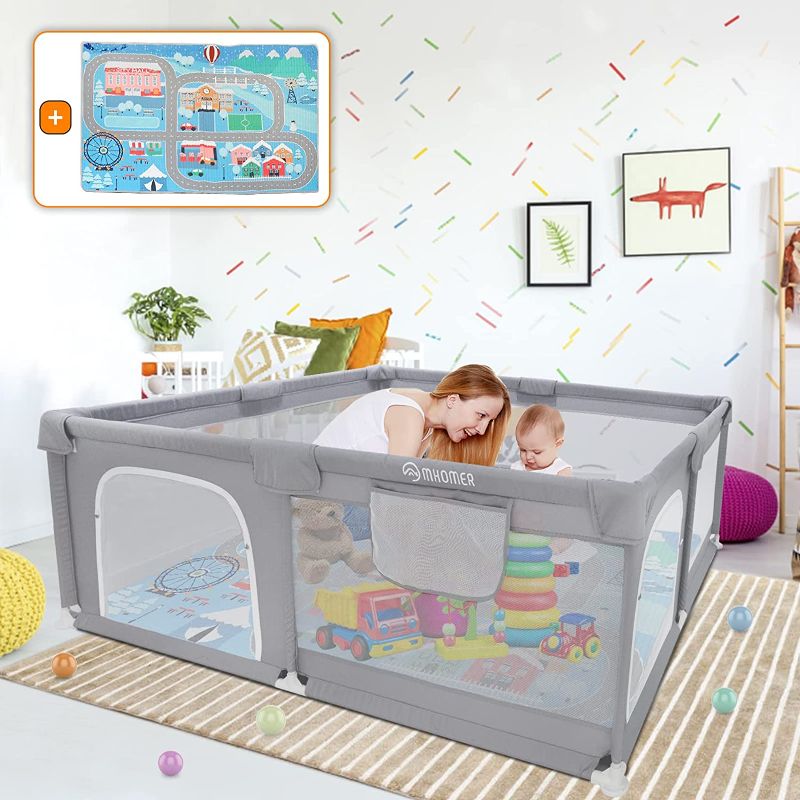 Photo 1 of Baby Playpen with Mat, Baby Playpen 71"L x 60"W x 26"D Indoor Large Baby Playpen with Playpen Mat, 360° Visible Playpen with Breathable Mesh, Playpen for Babies and Toddlers(Grey)