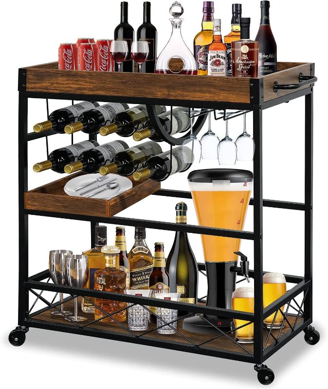 Photo 1 of Bar Cart for The Home with Wine Rack Industrial Outdoor Serving Cart w/ 2 Removable Trays on Lockable Wheels 3 Tier Black Rolling Liquor Cart Vintage Beverage Trolley for Storage Modern Mini Bar Cart