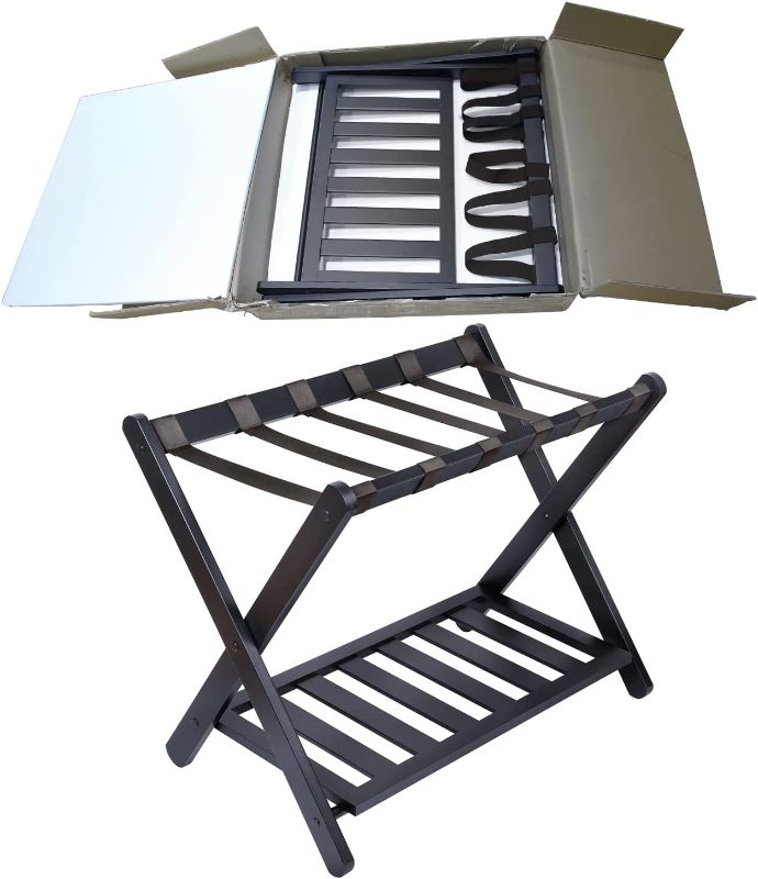 Photo 1 of Assembled Luggage Rack with Shelf, Installed Enhance Strong Version Folding Hard Bamboo Wood Luggage Holder Suitcase Rack for Guest Room, Bedroom, Hotel