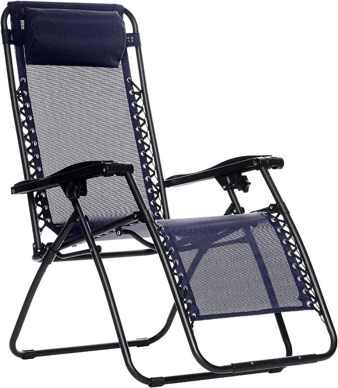 Photo 1 of Amazon Basics Outdoor Textilene Adjustable Zero Gravity Folding Reclining Lounge Chair with Pillow, Navy Blue