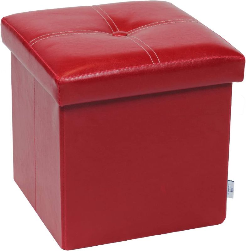 Photo 1 of B FSOBEIIALEO Folding Storage Ottoman, Faux Leather Footrest Seat Coffee Table Toy Chest for Kids, Red 11.8"x11.8"x11.8"
