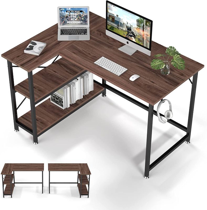 Photo 1 of SunyesH L Shaped Computer Desk 47 in - Small Office Home Gaming Desk with Storage Shelves - Study Writing Corner Table, Reversible Sturdy Workstation, Work PC Desk, Brown Oak
