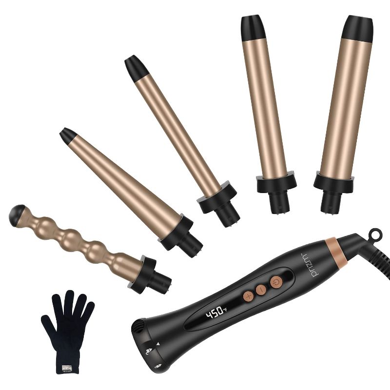 Photo 1 of Prizm 5-in-1 Curling Iron Wand Set, LED Display, 11 Temp Settings, 0.6 to 1.25 Inch Interchangeable Tourmaline Coating Barrels, Hair Curler for Wavy/Air Bang/Ringlet/Spiral with Heat Resistant Glove
