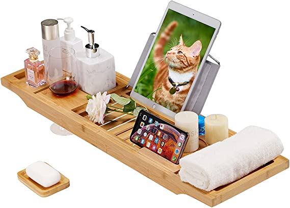 Photo 1 of Bamboo Bath Tray Expandable Bathtub Trays Caddy, Luxury Organizer Tray with Wine, Phone, Ipad, Laptop and Book Holder, Bonus Free Soap Holder, Wooden Tub Rack for Relaxing Bath, Fits Any Tub Bath