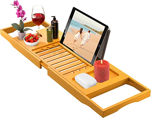 Photo 1 of Bath Caddy Tray for Bathtub - Bamboo Adjustable Organizer Tray for Bathroom with Free Soap Dish Suitable for Luxury Spa or Reading