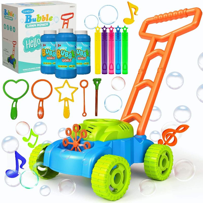 Photo 1 of JUMELLA Lawn Mower Bubble Machine for Kids - Toddler Toys Automatic Bubble Mower with Music, Baby Activity Walker for Outdoor, Push Toys for Toddler, Christmas Birthday Gifts for Preschool Boys Girls
