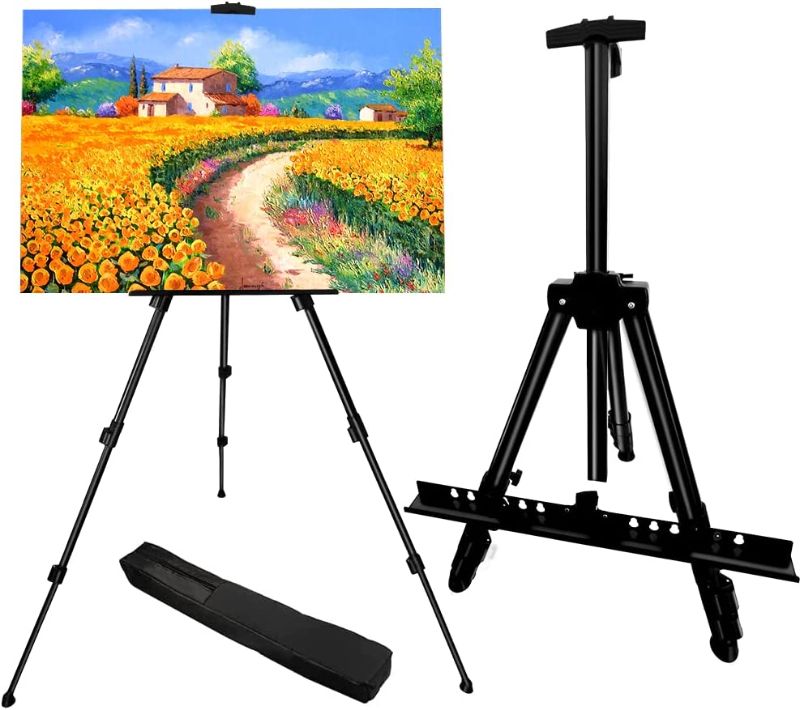 Photo 1 of Artist Easel Stand, RRFTOK Metal Material Tripod Adjustable Easel for Painting Canvases Height from 17 to 66 Inch,Carry Bag for Table-Top/Floor Drawing and Didplaying
