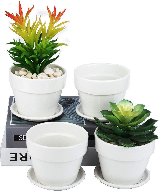Photo 1 of 4 Inch Succulent Pot with Drainage, White Mini Small Ceramic Planter Flower Plant Pots, 4 Pack

