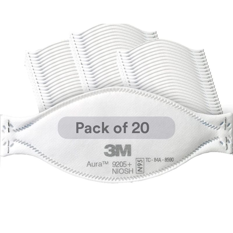 Photo 1 of 3M Aura Particulate Respirator 9205+, N95, Pack of 20 Disposable Respirators, Individually Wrapped, 3 Panel Flat Fold Design Allows for Facial Movements, Comfortable, NIOSH Approved
