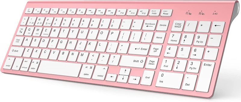 Photo 1 of Bluetooth Keyboard, Pink Wireless Keyboard with Number Pad, J JOYACCESS Dual Mode Slim Keyboard Connects Up to 3 Devices for iMac/Mac,MacBook, iPad,Laptop,Android,Windows
