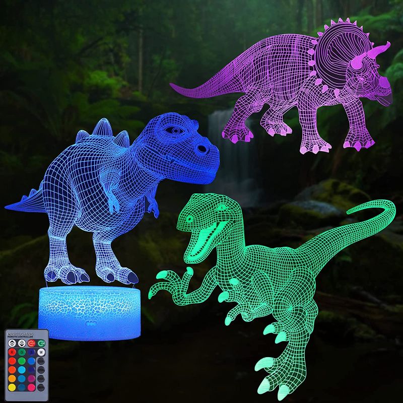 Photo 1 of Dinosaur Night Light for Kids, VSATEN 3D Illusion Lamp 3-Pattern & 16 Colors Changing LED Dino Nightlight with Smart Touch & Remote Control, Dinosaur Gifts for Boys Girls Age 4 5 6+ Year Old