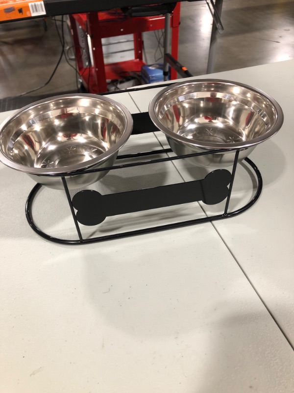 Photo 2 of BINGPET Elevated Dog Feeder, Raised Dog Bowl with Stand, Double Stainless Steel Dog Food and Water Bowls with Bone Style and Arc Wire Stand, for Dog and Cat