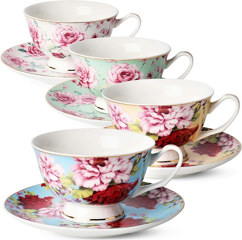 Photo 1 of BTaT- Tea Cups, Tea Cups and Saucers Set of 4, Tea Set, Floral Tea Cups (8oz), Tea Cups and Saucers Set, Tea Set, Porcelain Tea Cups, Tea Cups for Tea Party, Rose Teacups, China Tea Cups (Bone China)