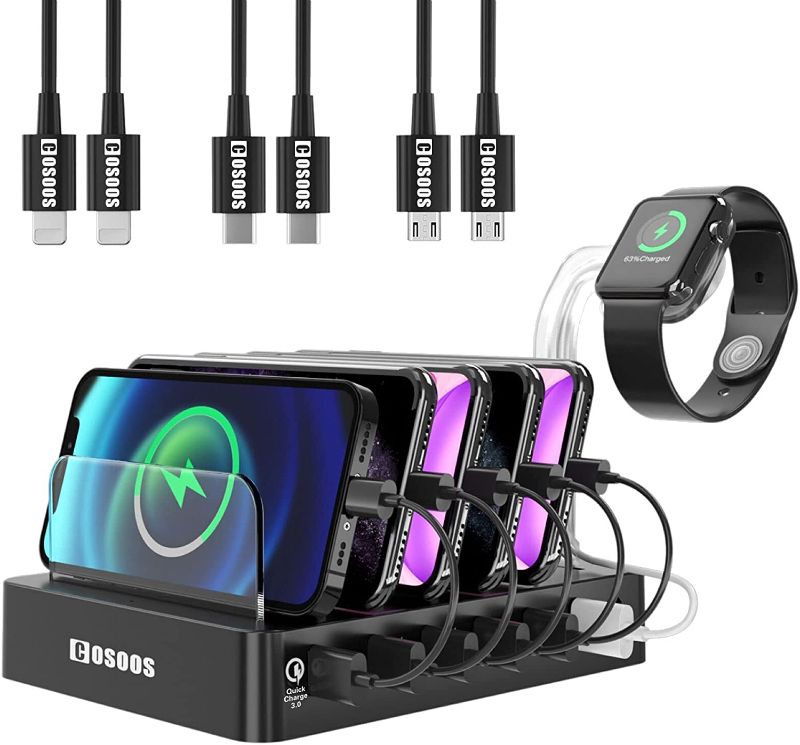 Photo 1 of COSOOS Fastest Charging Station with Quick Charge 3.0, 6 Phone Charger Cables(3 Types), 6-Port USB Charger Station,Charging Station for Multiple Devices,Tablet