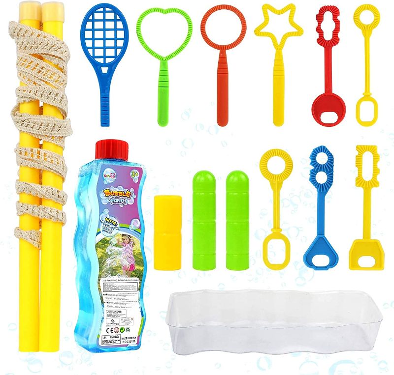 Photo 1 of 15PCS Giant Bubble Wands Kit with Bubble Solution, Big Bubble Maker with Tray, Fun Outdoor Activities Toy Set, Yard Games and Birthday Party Favors for Kids and Adults
