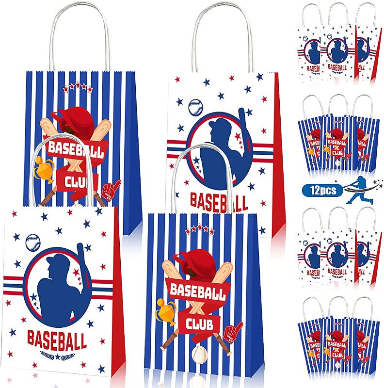 Photo 1 of 12 Pcs Baseball Snack Goodie Bags with Handle for Kids, Baseball Treat Gift Candy Bag Baseball Themed Party Favor Bags for Team Boys Girls Adults Baseball Birthday Party Supplies Decorations