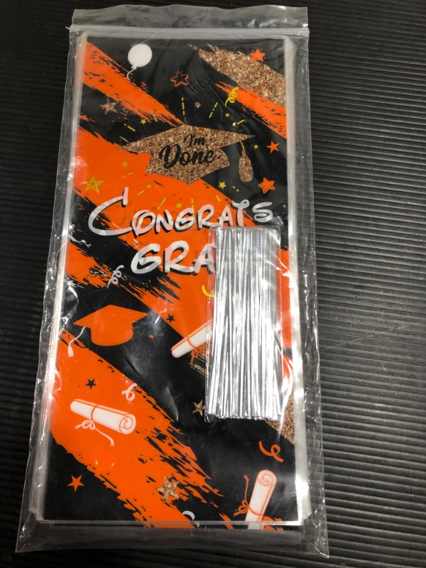 Photo 2 of 100 Pieces Graduation Cellophane Treat Bags, Congrats Graduates Candy Present Bags Plastic Clear Goodie Wrapping Bags with 100 Silver Twist Ties for Graduation Day (Orange) 