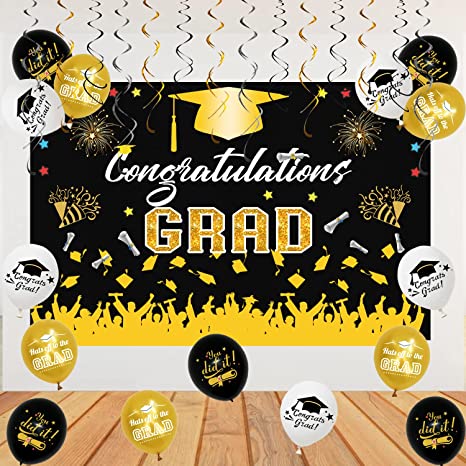 Photo 1 of 30PCS Graduation Party Decorations 2022 Black and Gold, Class Of 2022 Decorations, Included 1 Graduation Backdrop 2022, 15 Graduation Balloons, 14 Hanging Swirls, Graduation Decorations 2022 Favors
