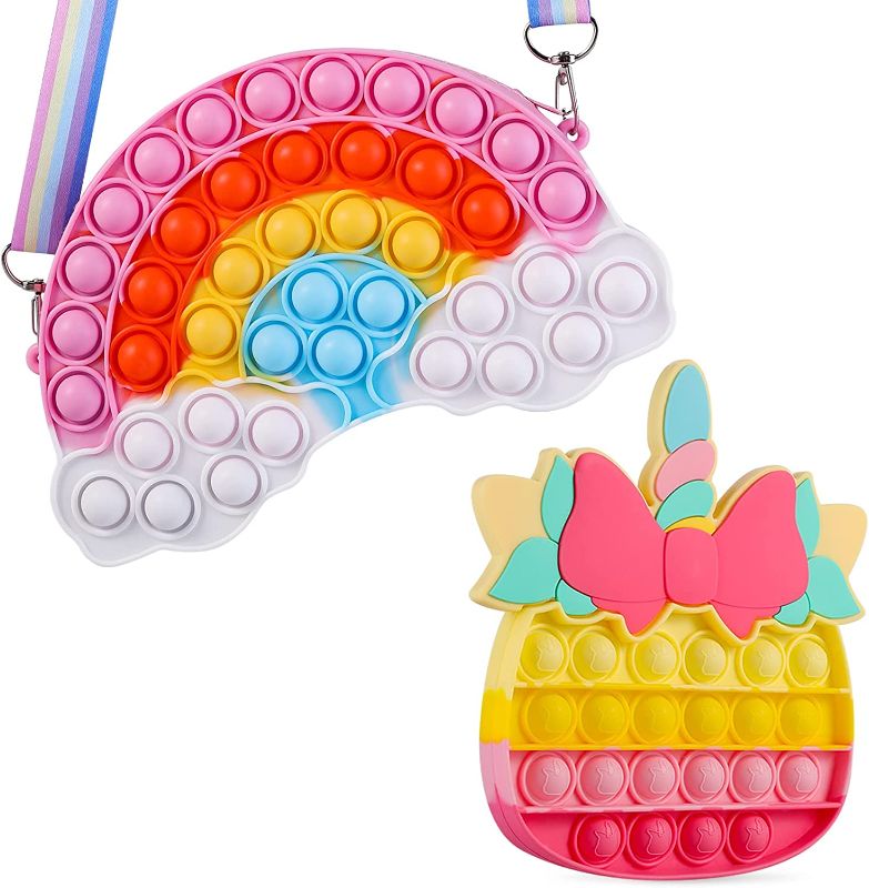 Photo 1 of HiUnicorn Pop Purse Bag Poppers Fidget Toys Pack Easter Gifts for Girls, 3D Bow Unicorn Push Bubbles Pop Game Popping Stress Sensory Toys, Rainbow Crossbody Bag Girl Crafts for Age 5-12