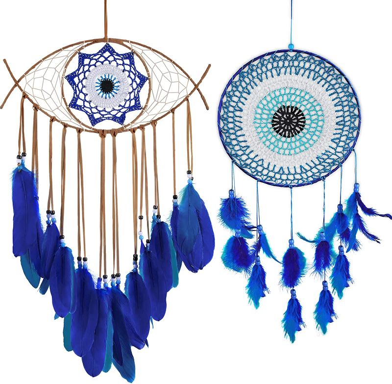 Photo 1 of 2 Pieces Evil Eye Dream Catcher Lucky Blue Dreamcatcher Handmade Evil Eye Decor Hanging Eye Art Decor Wall Art Dream Catcher for Home Office Apartment Decoration (Fresh Style)