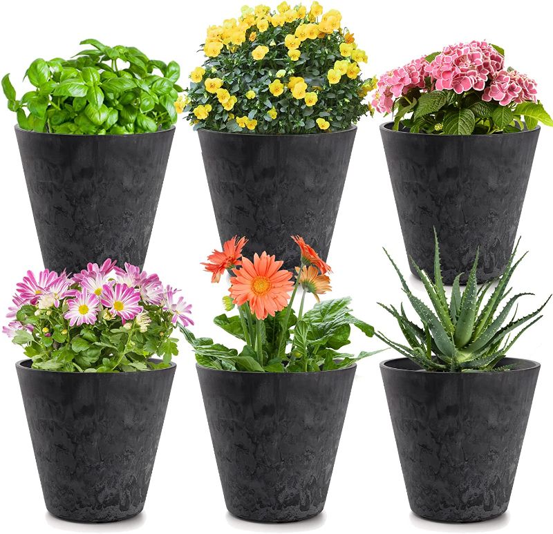 Photo 1 of DEAYOU 6 Pack 6" Resin Flower Pots Planters, Small Indoor Plant Pots with Drainage Hole, Gray Blue Gardening Pot Containers for Outdoor, Herbs, Succulents, Home, Office, Decor (Faux Clay Style)