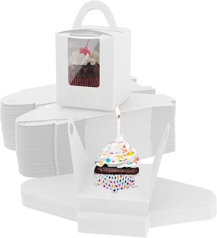 Photo 1 of 60pcs Cupcake Boxes Individual Cupcake Containers, White Single Cupcake Carriers Holder with Window Inserts Handle Perfect for Drive by Party Baby Shower 