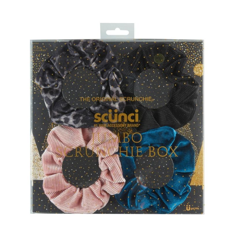 Photo 1 of Scunci The Original Scrunchie Luxury Velvet Gift Set Includes 4 Unique Scrunchies: Leopard, Black, Pink, Teal in Acrylic Presentation Box
