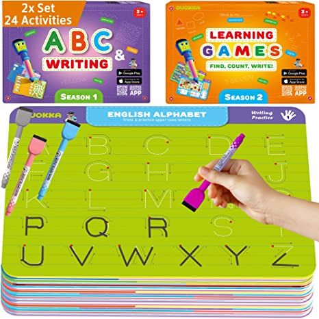 Photo 1 of QUOKKA 2 Sets of Handwriting Practice Busy Book for Kids 4 5 Year Old - 24 Activities on Large Boards & 4 Markers Learn to Write - Montessori ABC Learning for Toddlers Toy 6-8 - Letter Tracing Game

