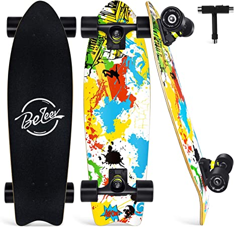 Photo 1 of Beleev Cruiser Skateboards for Beginners, 27 Inch Complete Skateboard for Kids Teens Adults, 7 Layer Canadian Maple Double Kick Deck Concave Trick Skateboard
