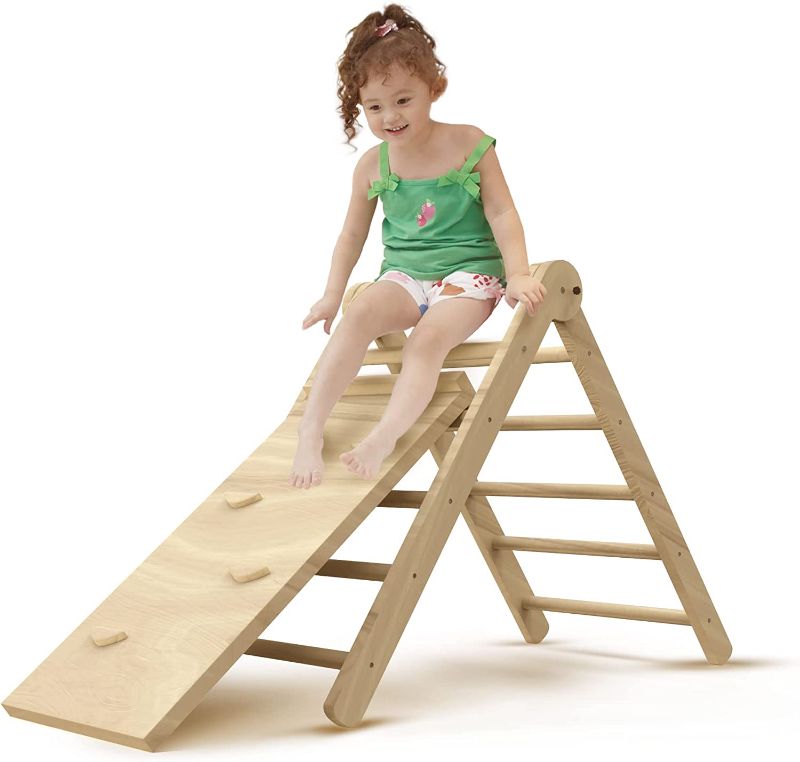 Photo 1 of BENKRYFREJA Pikler Triangle Folding Climbing Triangle with Ramp and Slide Adjustable Angle Montessori Gym Toys Stable Wood Indoor Climbing Jungle for Toddlers Children Boys Girl Beech Natural
