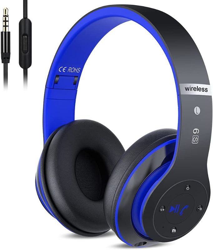 Photo 1 of 6S Wireless Bluetooth Headphones Over Ear, Hi-Fi Stereo Foldable Wireless Stereo Headsets Earbuds with Built-in Mic, Volume Control, FM for Phone/PC (Black & Blue)
