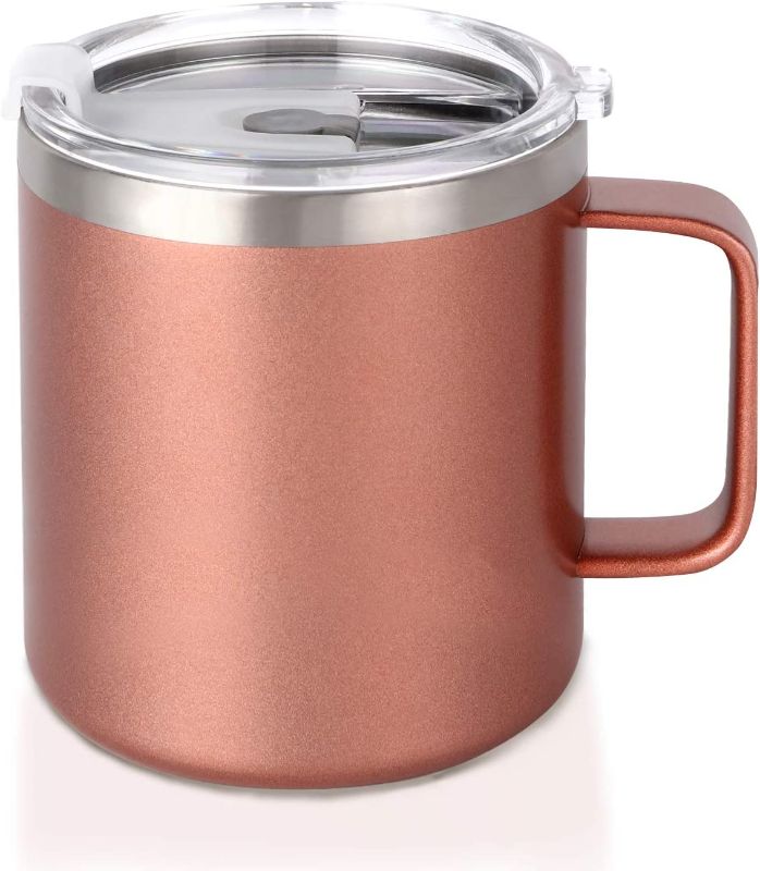 Photo 1 of 14oz. Travel Coffee Mug with Lid and Handle, Stainless Steel Vacuum Insulated Tea Cup for Home Office and Camping (Rose Gold)
