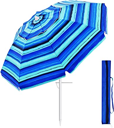 Photo 1 of Beach Sand Umbrella Portable Outdoor: 7ft Arc Length 6.5ft Diameter Large Striped Heavy Duty Wind Proof UV 50+ Parasol with Anchor Adjustable Tilt Pole 8 Ribs Carry Bag Lightweight
