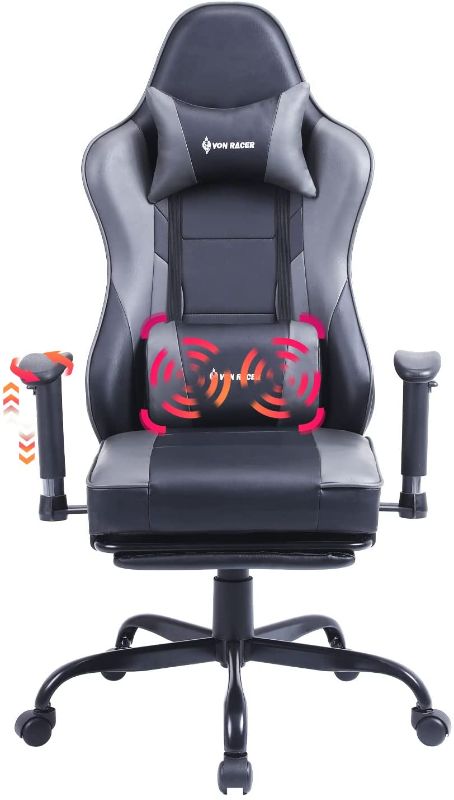 Photo 1 of VON RACER Massage Gaming Chair with Footrest - Racing Desk Office Chair with Retractable Footrest and 2D Armrests, High Back Ergonomic Leather Computer Chair(Grey)
