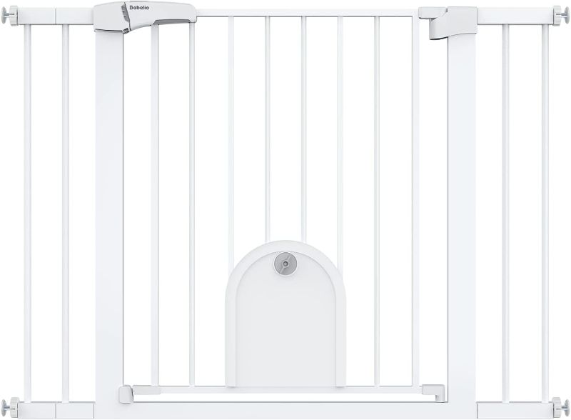 Photo 1 of Babelio Auto Close Baby Gate with Small Cat Door, 29-43" Metal Cat Gate for Doorway, Stairs, House, Easy Walk Thru Dog Gate with pet Door, Includes 4 Wall Cups and 3 Extension Pieces, White
