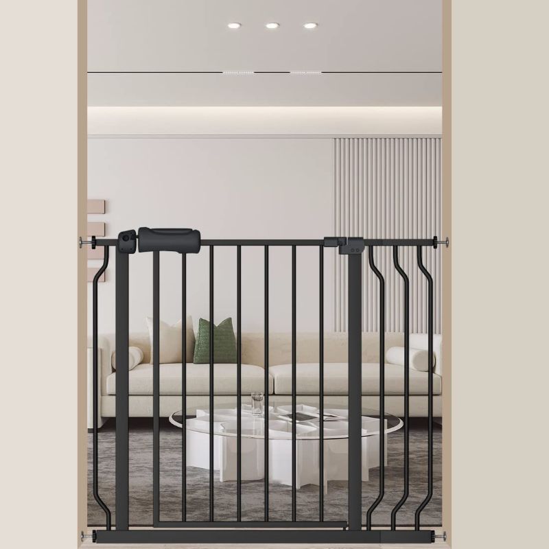 Photo 1 of ALLAIBB Extra Wide Pressure Mount Baby Gate Auto Close Black Metal Child Dog Pet Safety Gates with Walk Through for Stairs,Doorways,Kitchen and Living Room 24.02-81.80 in (33.86-38.58"/86-98cm)
