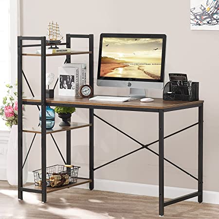 Photo 1 of VECELO Computer Desk with Storage Shelves 47 inch Study Writing Gaming Table with 4-Tier Bookshelf Space-Saving Design,Multipurpose Home Office Workstation, Brown
