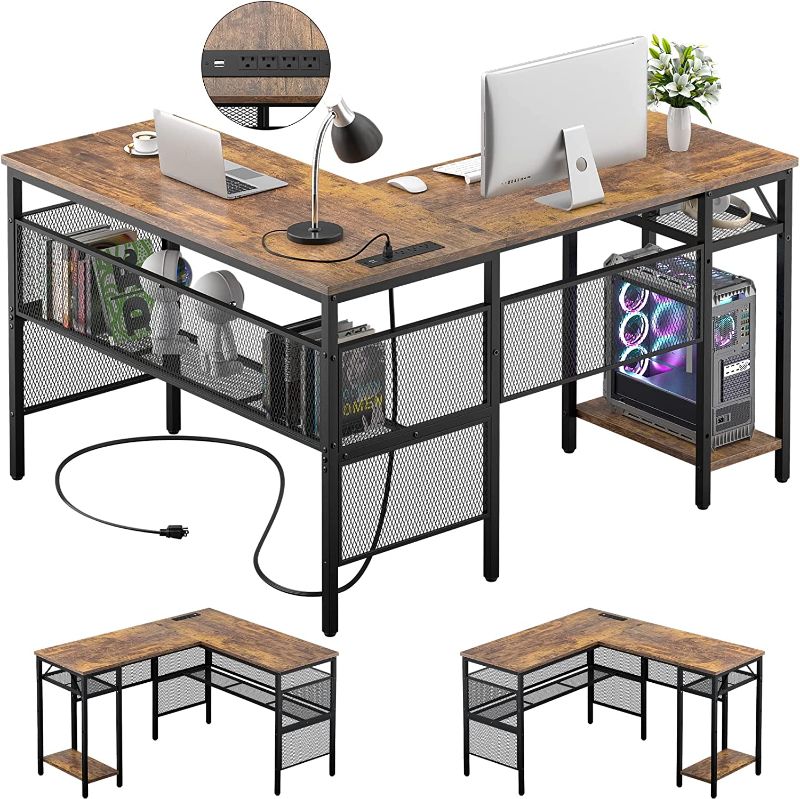 Photo 1 of Unikito L Shaped Desk with USB Charging Port and Power Outlet, Reversible L-Shaped Corner Computer Desk with Storage Shelves, Industrial 2 Person Gaming Table Modern Home Office Desk, Rustic Brown
