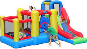 Photo 1 of ACTION AIR Bounce House, Bounce House with Blower, Bouncy Castle with Long Slide, Double Jumping Area and 30 Pit Balls, for Kids
