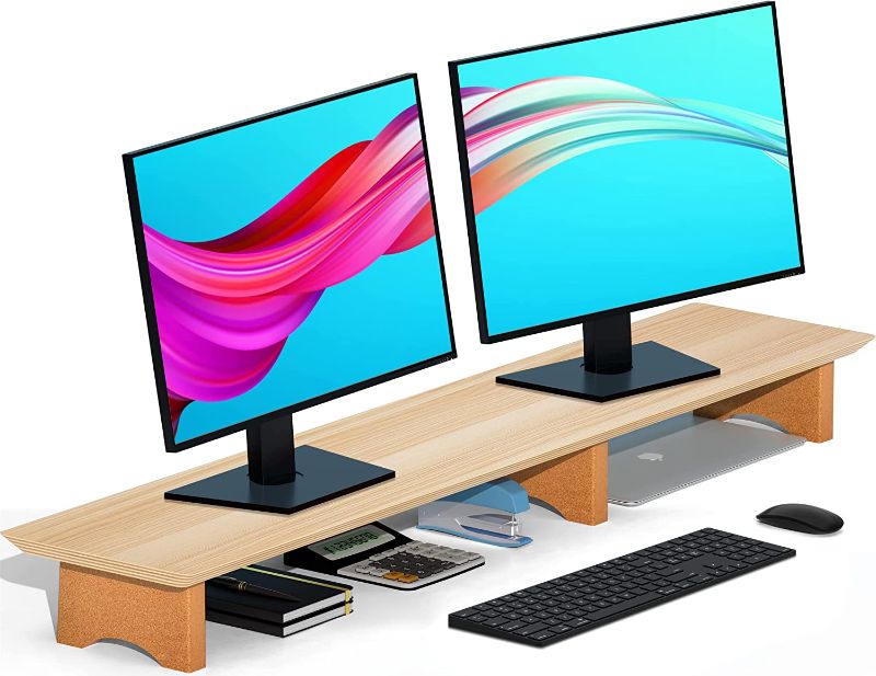 Photo 1 of Aothia Large Dual Monitor Stand Riser, Solid Wood Desk Shelf with Eco Cork Legs for Laptop Computer/TV/PC/Printers, Perfect Desktop Stands Organizer with Underneath Storage for Office Accessories
