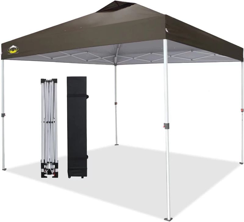 Photo 1 of CROWN SHADES 10x10 Pop up Canopy Outside Canopy, Patented One Push Tent Canopy with Wheeled Carry Bag, Bonus 8 Stakes and 4 Ropes, Coffee
