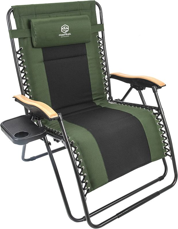 Photo 1 of Coastrail Outdoor Zero Gravity Chair Wood Armrest XXL Camping Lounge Chair Patio Recliner Support 400lbs Padded Reclining Chair Folding Lawn Chair with Side Table
