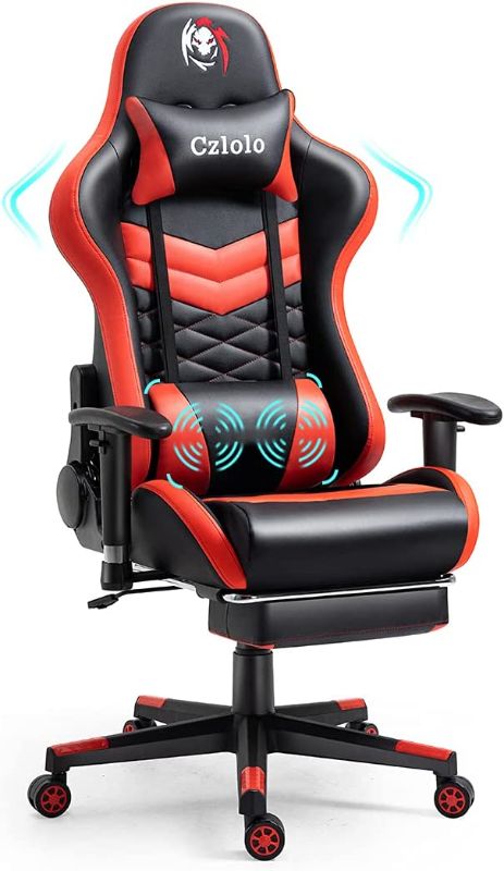 Photo 1 of Massage Gaming Chair with Footrest, Ergonomic Computer Office Chair, Racing Style, Adjustable Armrests, Easy Assembly, Red
