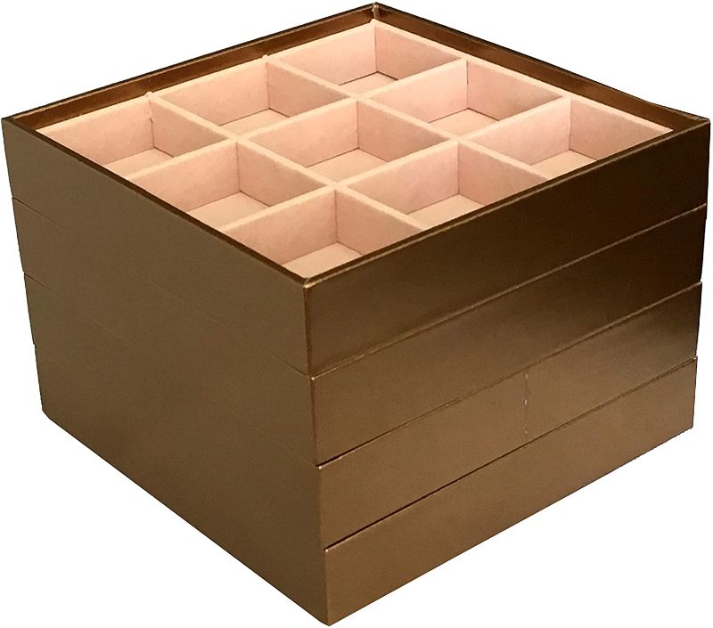 Photo 1 of ABO Gear Stackable Jewelry Box Jewelry Organizer Jewelry Trays - Set of 4 - Bronze Jewelry tray approx size: Each tray measures 7.25"x 7.25"x 1.25". 9 compartments: 2.25"x 2.25". 4 compartments: 3.5"x 3.5". 3 compartments: 2.25"x 7.125". 2 compartments: 3