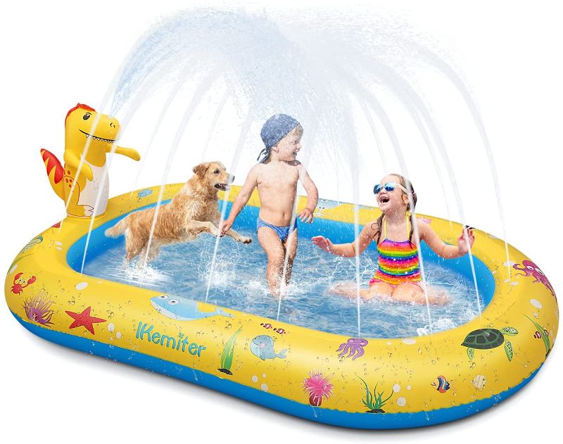 Photo 1 of Large Dinosaur Water Sprinkler Wading Pools Splash Pad, Kids Adults Inflatable Swimming Pool Water Mat Toy for Outdoor Backyard Gifts for Boys Girls  67" X 40" X 25.5"