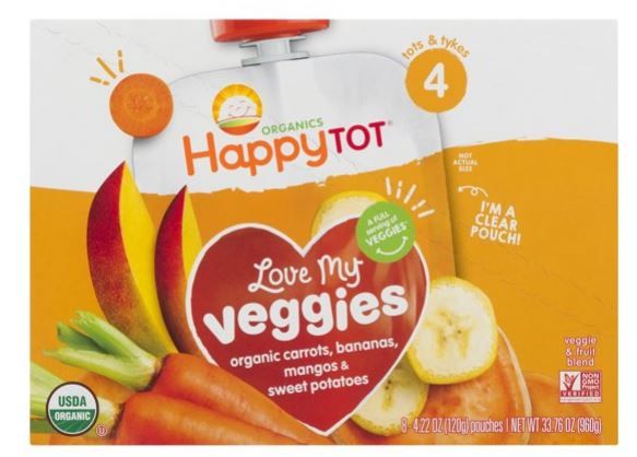 Photo 1 of (8 Pouches) Happy Tot Love My Veggies Organics Carrots, Bananas, Mangos & Sweet Potatoes Veggie & Fruit Blend, 4.22 Oz. FRESHEST BY 11/26/2021
