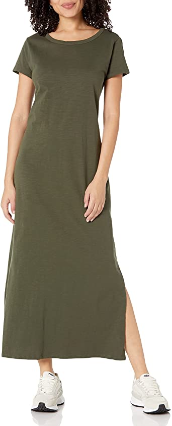 Photo 1 of Daily Ritual Women's Lived-in Cotton Relaxed-Fit Short-Sleeve Crewneck Maxi Dress Dark Olive X-Small