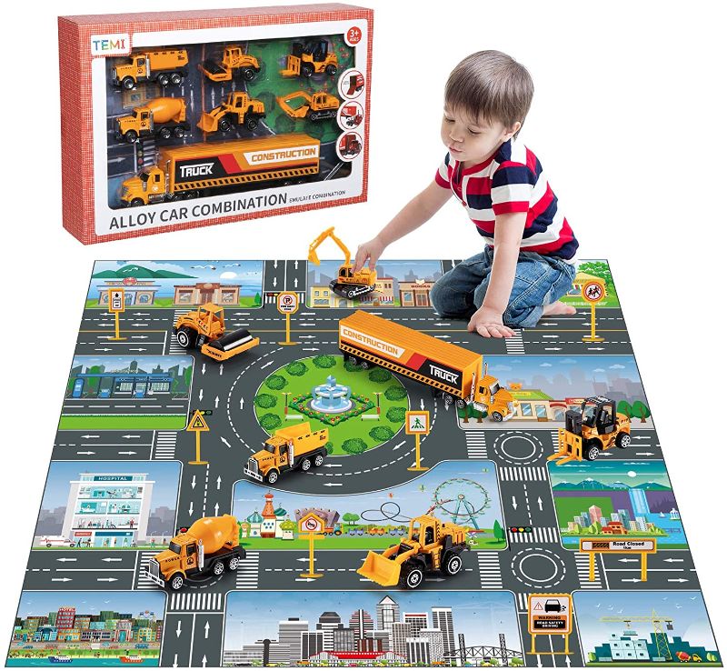 Photo 1 of TEMI Diecast Engineering Construction Vehicle Toy Set w/ Play Mat,Truck Carrier,Forklift,Bulldozer,Excavator,Mixer,Dump Truck, Alloy Metal Car Toys Set for 3 4 5 6 Years Old Toddlers Kids Boys & Girls
