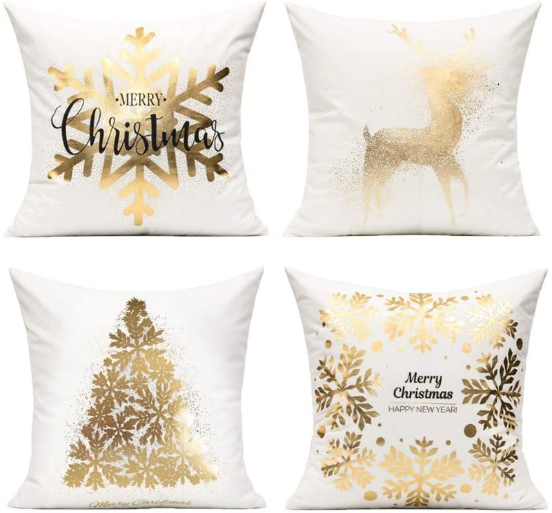 Photo 1 of All Smiles Christmas Decorations Gold White Throw Pillow Covers Cases 18X18 Set of 4 Snowflakes Xmas Décor Soft Velvet Decorative Cushion for Bed Sofa Couch, Christmas Tree Deer - 18X18inches
