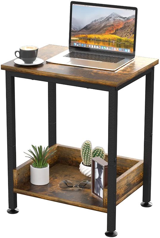 Photo 1 of ASTARTH End Table, Industrial Side Table with Storage Shelf for Small Spaces, 2-Tier Narrow Nightstand, Edging Design Sofa Table for Living Room, Bedroom (Rustic Brown)
